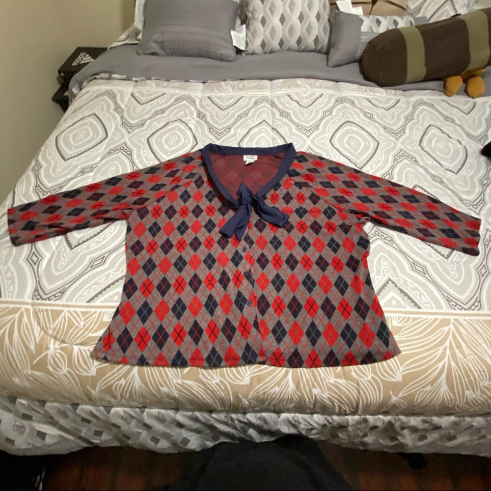 Unique Vintage Plus Size 1950s Red & Navy Argyle Bow Tie Charlotte Top